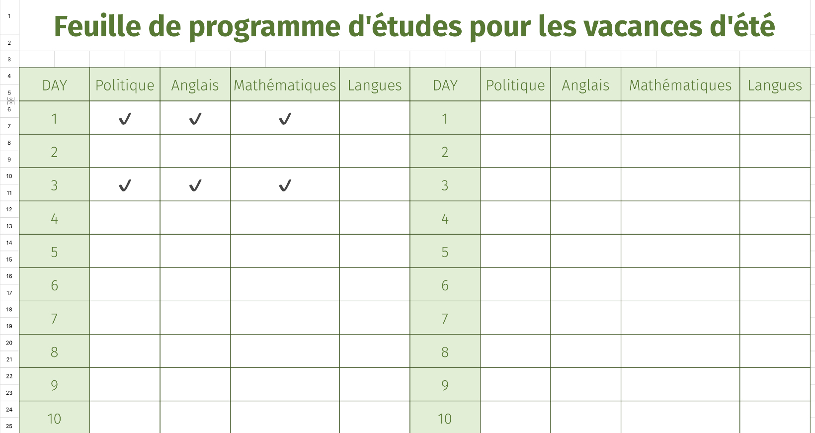 Feuille de programme d'études pour les vacances d'été